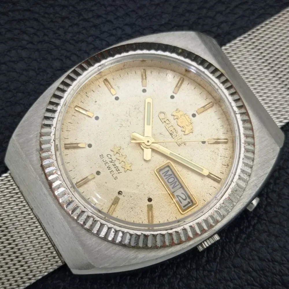 Vintage 1982 Orient Automatic Mens Silver Watch W/daydate & Gold accents